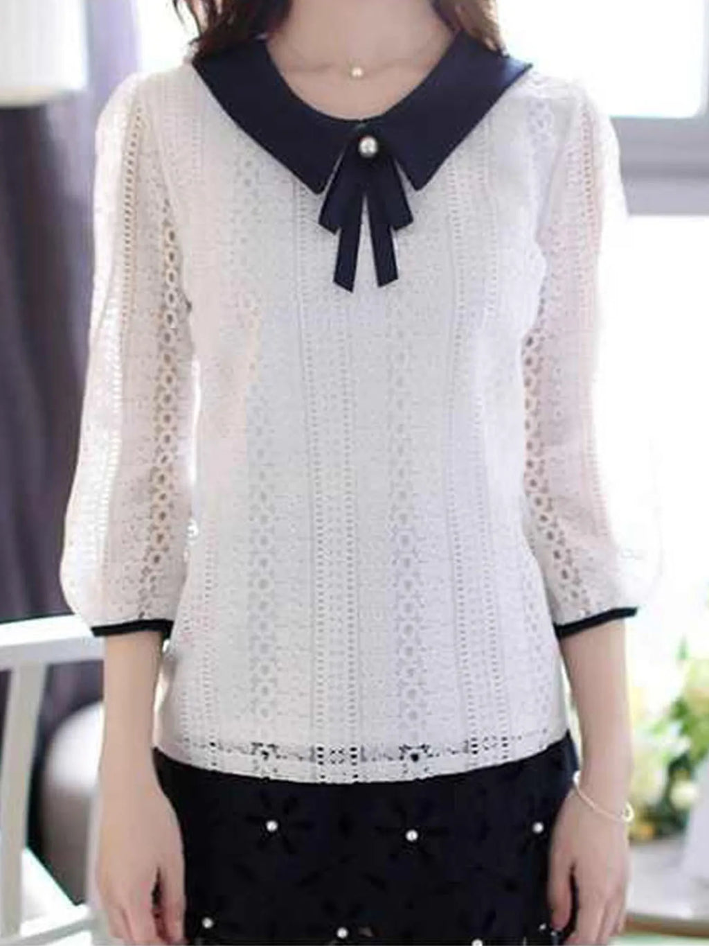 Women's Spring Autumn Style Lace Blouses Shirt Women Peter Pan Collar Solid Color Half Sleeve Elegant Lace Tops SP8676