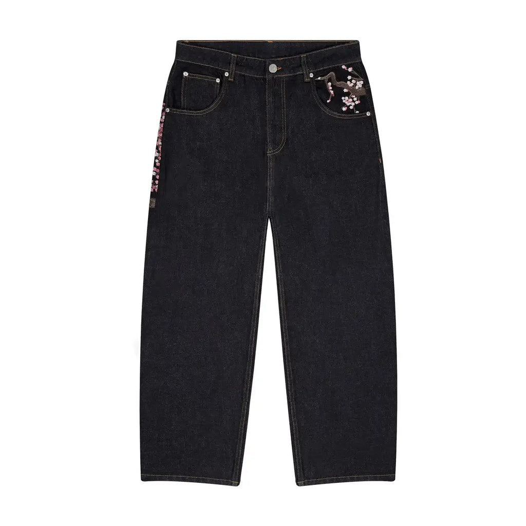 Men Women Cherry Blossom Knight All Embroidery Denim Pants Y2k Vintage Baggy Street Straight Jeans High Waisted Washed Blue Jean