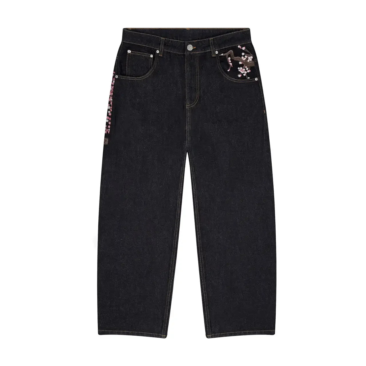 Men Women Cherry Blossom Knight All Embroidery Denim Pants Y2k Vintage Baggy Street Straight Jeans High Waisted Washed Blue Jean