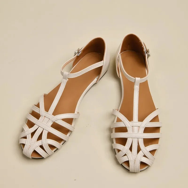 Shoes Female Sandal 2025 Women's Girls Beige New Summer Comfort Low Retro Flat Back Strap Square heel Rubber PU Scandals