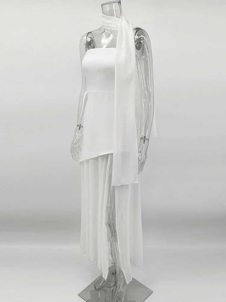 2025 New Strapless Dress With Ribbon Women's Elegant Sleeveless Mesh Beach Vacation Long Dress Spring Fashion Lady Dress