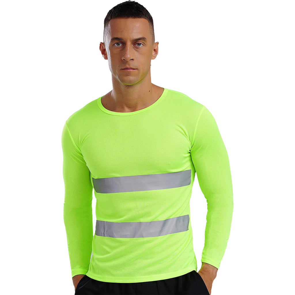 Mens T-shirt Moisture-Wicking Long Sleeves Reflective Safety Top for Volunteer Activities Social Service Cycling Workout Running