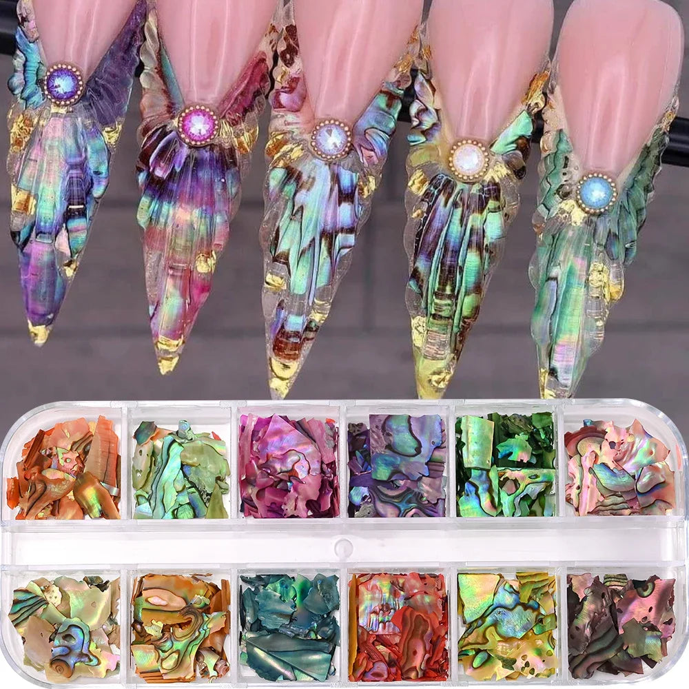 Set 12 Colores Láminas de Concha de Abalón para Nail Art – Efecto Aurora