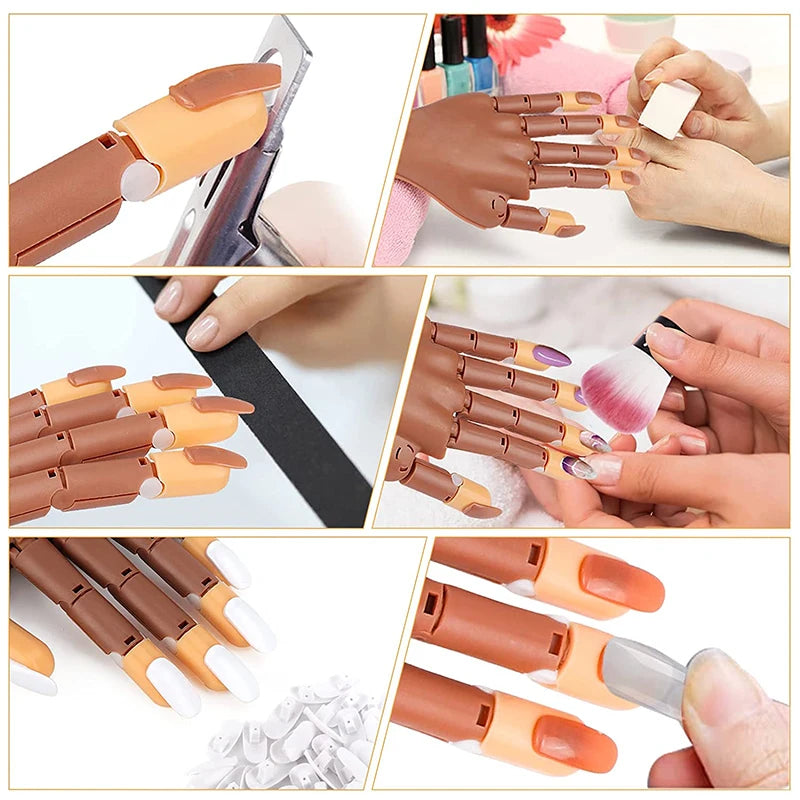 Nail Art Practice Hand Manicure Practice Finger Acrylic Nail Tips with 100pcs Fake Nails Nail Training Equipment Tools
