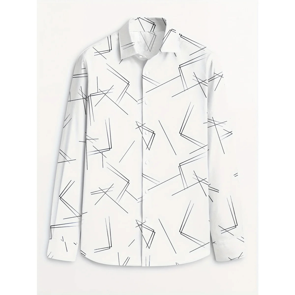 Men's Trendy Geometric 3D Line Print Long-Sleeved Shirt Men's Button up Shirt Casual Fashion Male White Shirt Lapel Shirt Tops