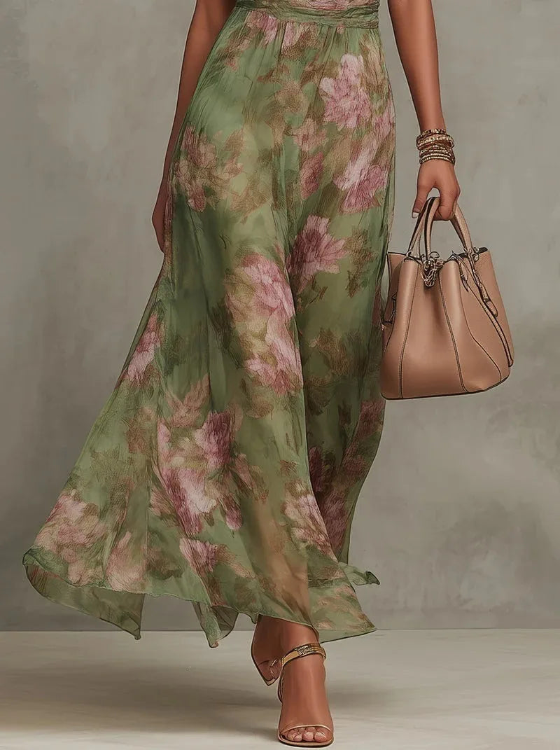 Elegant Ruched Mesh Maxi Dress – Printed Split Cami Style