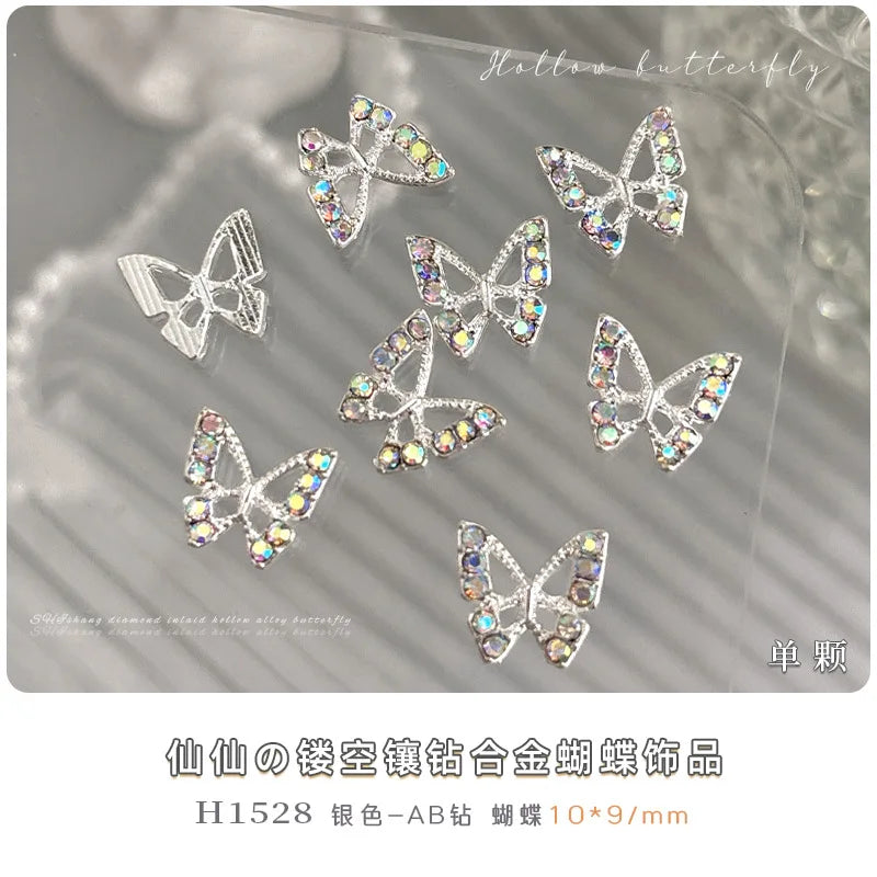 10PCS 3D Mini Crystal Butterfly Nail Art Charms Jewelry Parts Accessories Luxury Alloy Nails Decoration Rhinestones Supplies