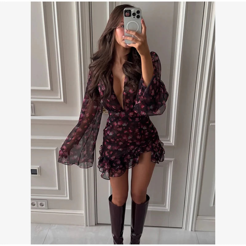 Sexy Floral Printed Mini Dress Women V-neck Flared Sleeve Waist Cinching Ruffle Bodycon Dresses 2026 Lady Party Vacation Gown