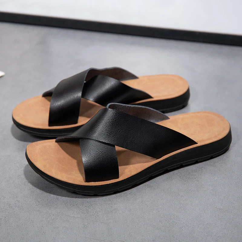 Summer Sandals High Quality Leather Men Bare Toe Slippers Men Shoes Slip on Casual Shoes Outdoor Mens Slides Comfy Beach Sandals
