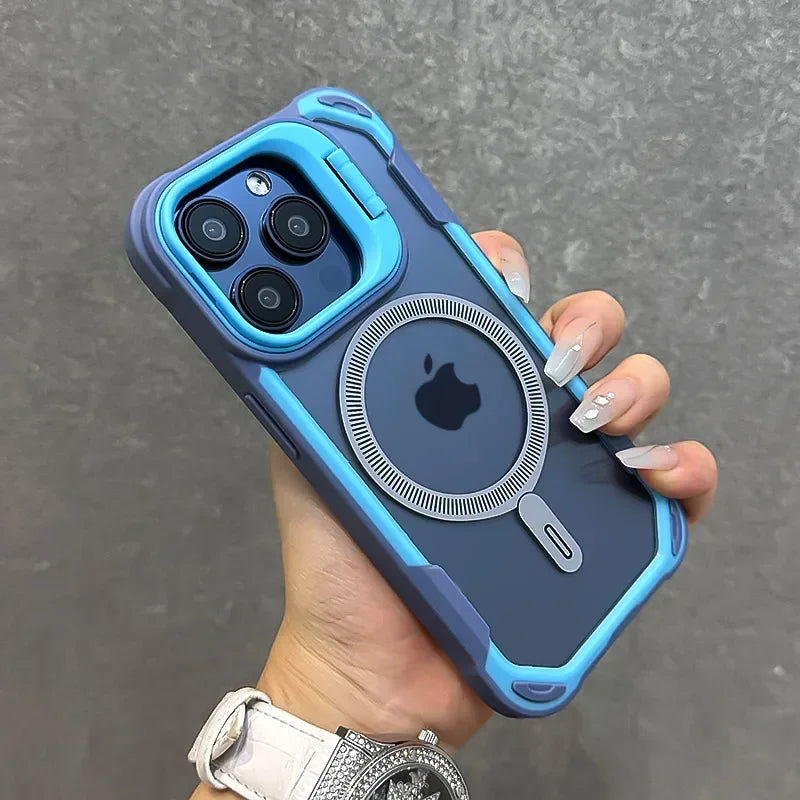 Armor Fold Lens Stand Protect For Magsafe Case For iPhone 16 13 12 14 15 Pro Max Plus Magnetic Wireless Charg Shockproof Cover