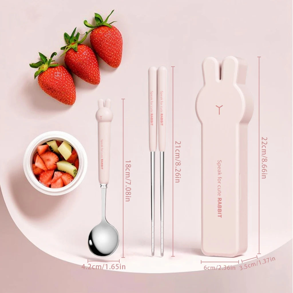 3/4PCS Cute Portable Dinnerware Set Reusable 304 Stainless Steel Fork Spoon Chopsticks With Box Cutlery For Kid Student