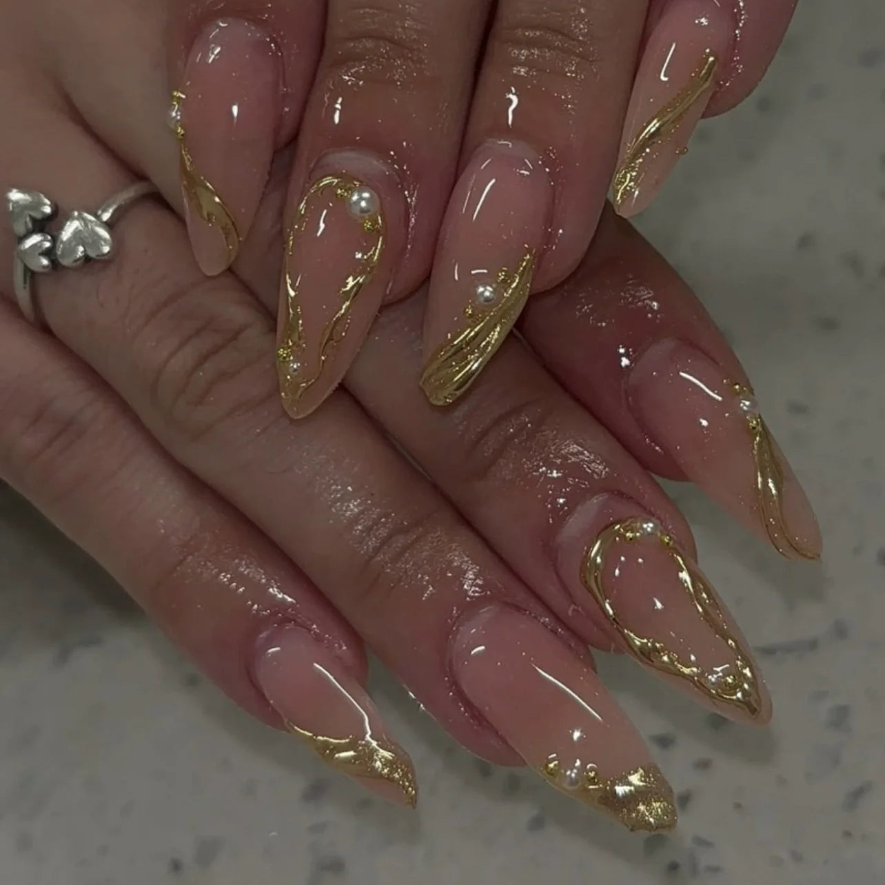 24Pcs French Almond False Nails Glitter with Rhinestones Wearable Fake Nails Artificial Simple Full Cover Press on Nails Tips