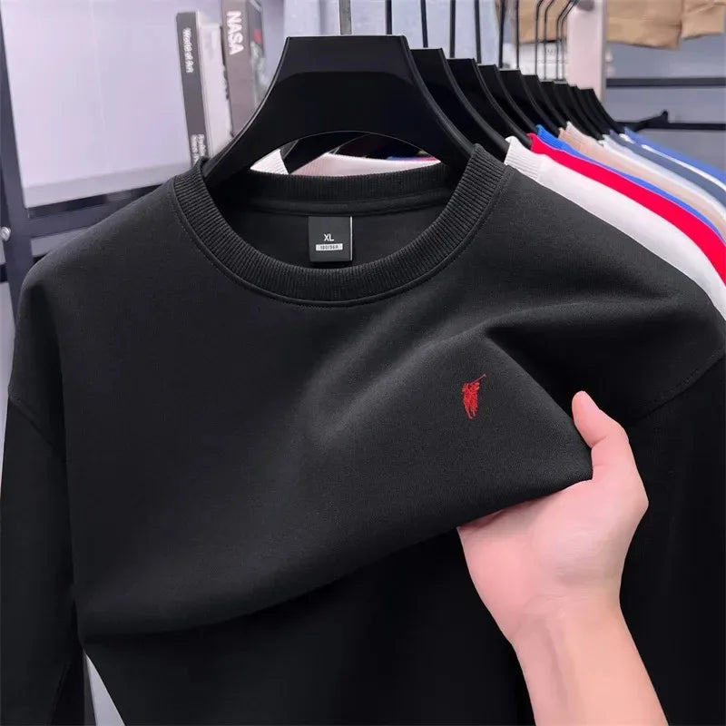 2025 New Men's Round Neck Printed Casual Long Sleeve Hoodie Solid Color Versatile Fleece Loose Casual T-Shirt