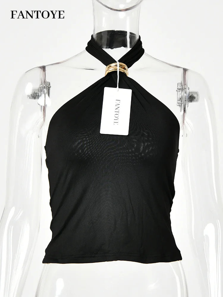 Fantoye Sexy Backless Metal Ring Halter Women Top Black Hollow Out Off Shoulder Crop Vest Female Summer Slim Elegant Streetwear