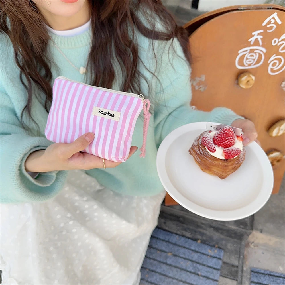 Small Cosmetic Make Up Bag Mini Canvas Striped Organizer Bags for Women Lipstick Makeup Case Children Cute Purse Coin Pouch Case