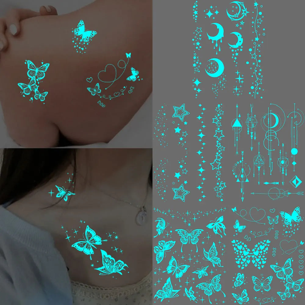 5pcs Blue Luminous Glow Waterproof Temporary Tattoo Sticker Moon Star Heart  Line Flash Tato Women Men Arm Body Art Fake Tattoos