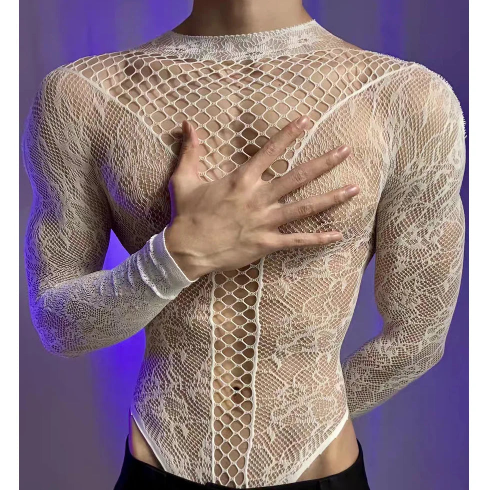 Summer Men's Mesh Tank Transparent Full Sleeves Round Neck T-shirt MenWomen Comfortable Breathable Bodysuit Trend Party Clothing