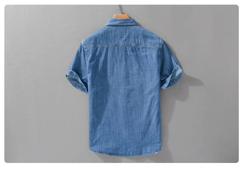 Summer New Casual Denim Short Sleeve Shirts Men Clothing Pure Cotton Slim and Thin Soft Streetwear FY9358