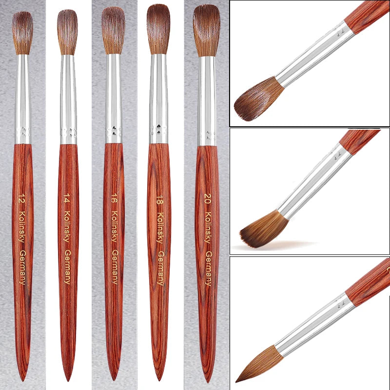 100% Prue Kolinsky Acrylic Nail Brush Oval Round Head Red Wood Handle Professional Salon Quality for Acrylic Powder Size 8-20#