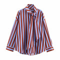 Women New Music Festival Chic Blouse Women's Loose Fit Striped Shirt Bow Single Breasted Simple Casual Female Top