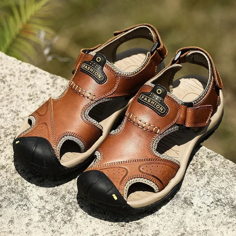 Summer Sandals Leather Outdoor Men Beach Shoes Luxury Breathable Casual Sandal Man Wading Shoes Non-slip Wide lining Slippers