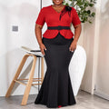 African Elegant Women Two Piece Set V Neck Short Sleeves Tops Appliques Belt Colorblock High Waist Mermaid Skirt Party Outfit