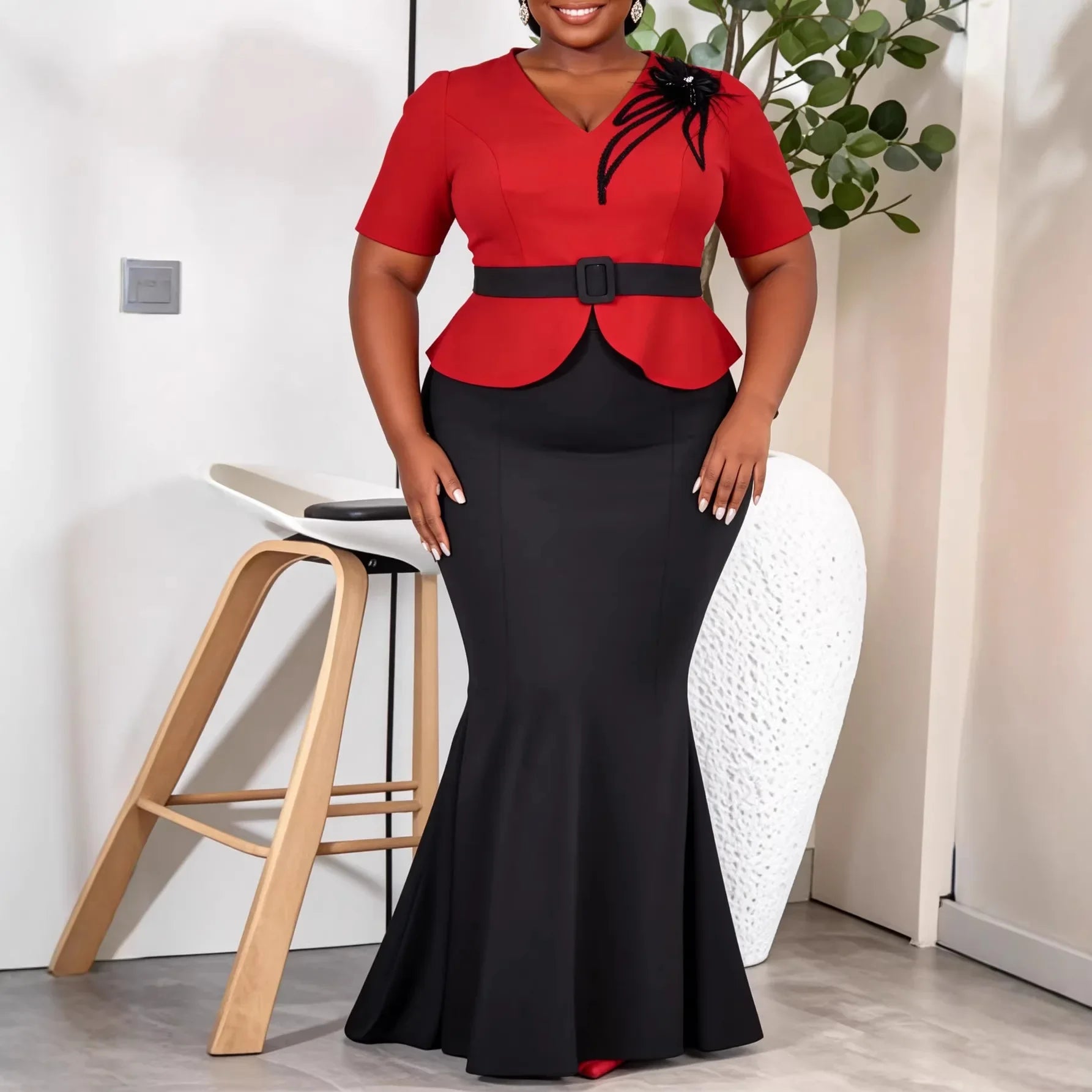 African Elegant Women Two Piece Set V Neck Short Sleeves Tops Appliques Belt Colorblock High Waist Mermaid Skirt Party Outfit