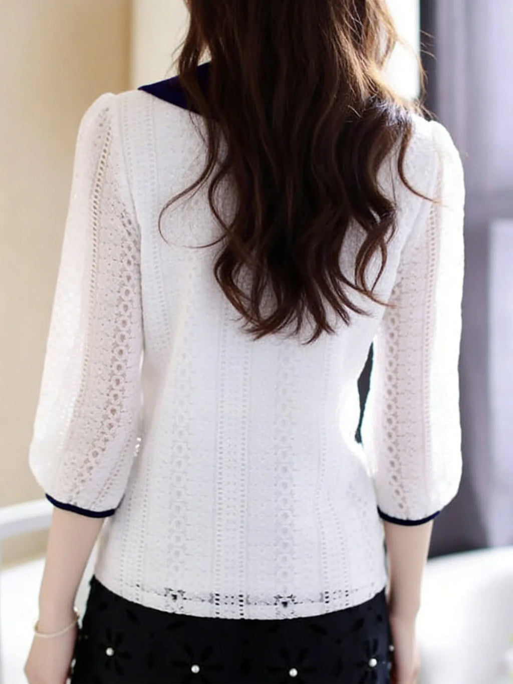 Women's Spring Autumn Style Lace Blouses Shirt Women Peter Pan Collar Solid Color Half Sleeve Elegant Lace Tops SP8676