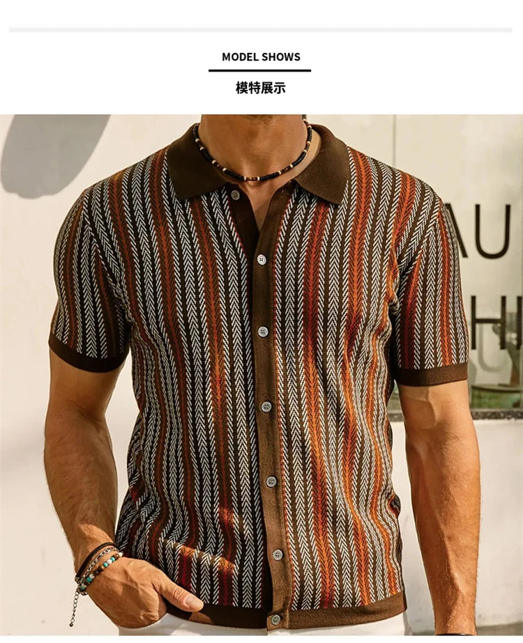 High End Jacquard Striped Polo Shirts For Men Short Sleeve Elastic Summer Quality Viscose Knitted Smart Casual Camisas De Hombre