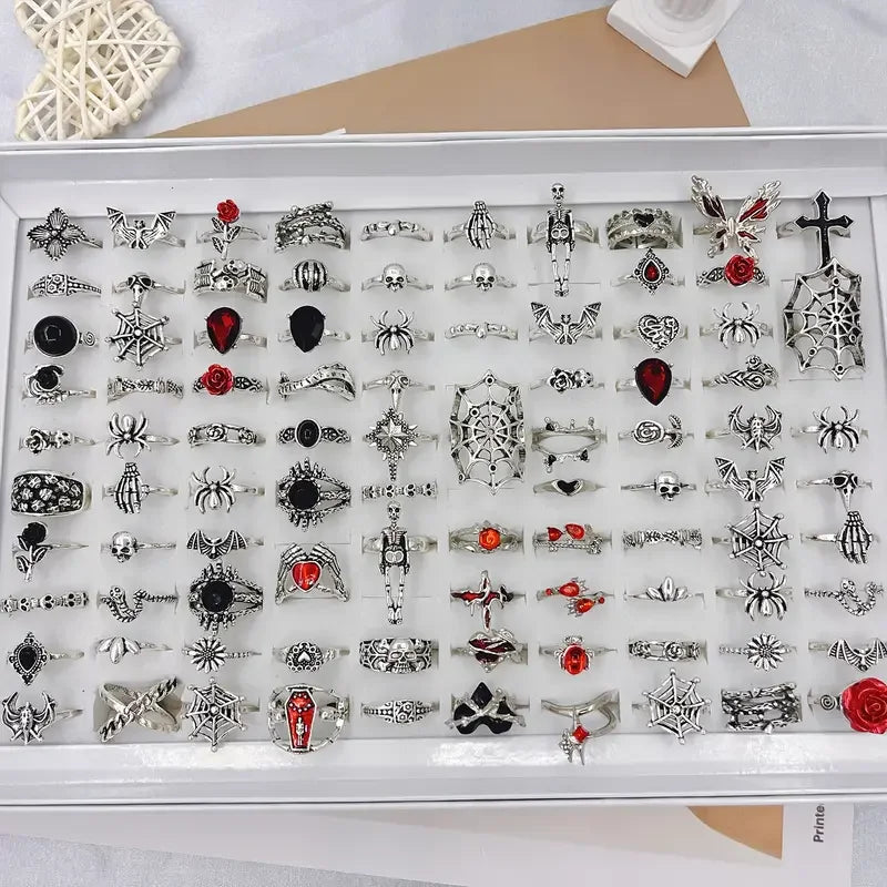 10/20/30Pieces Vintage Punk Spider Skull For Women Men Mix Style Gothic Dark Style Halloween Finger Rings Jewelry Party Festival