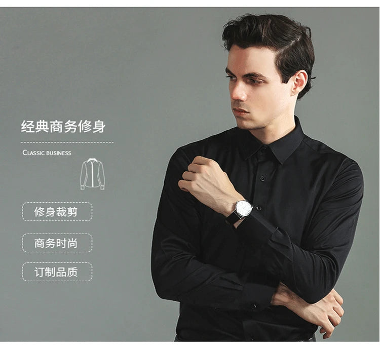 Plus Size 7XL 6XL High Elasticity Seamless Spandex Shirt Men Long Sleeve Slim Fit Casual Solid Color Social Formal Dress Shirts