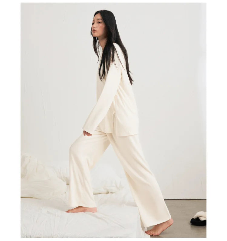 Autumn Winter Women Double-sided Brushed Pajamas T Shirt Pant Two Piece Set for home