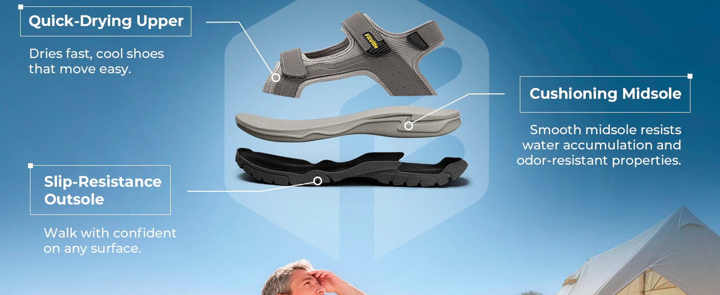 FitVille Mens Sandal Wide Toe Box Walking Athletic Sandals For Men With Arch Support Cushion Slip-Resistant Beach Sandals