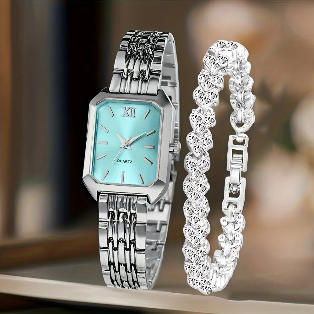 2PCS Fashion Rectangle Women Quartz Watch Rhinestone Bracelet Set Ladies Roma Dial Wristwatch Reloj Mujer Girls Clock Gift