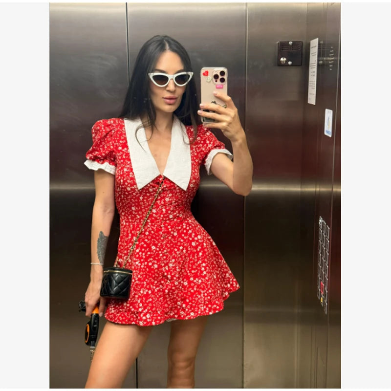 Sexy Floral Printed Mini Dress Women V-neck Flared Sleeve Waist Cinching Ruffle Bodycon Dresses 2026 Lady Party Vacation Gown