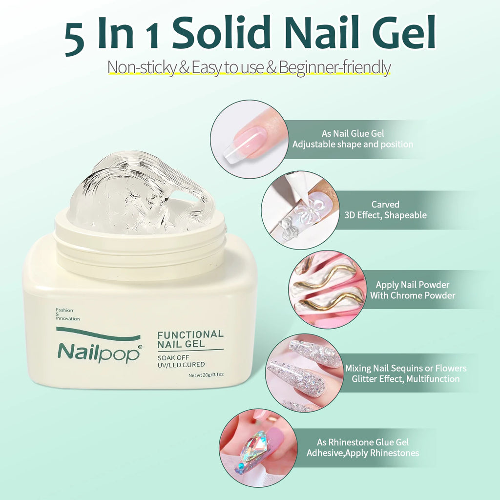 Nailpop Solid Nail Gel Adhesive For Press-On Nails Ultra Strong Adhesion Clear False Nail Gel Soak UV Extension Nail Gel 20g