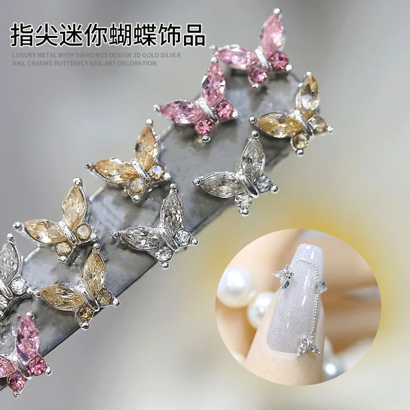 10PCS 3D Mini Crystal Butterfly Nail Art Charms Jewelry Parts Accessories Luxury Alloy Nails Decoration Rhinestones Supplies