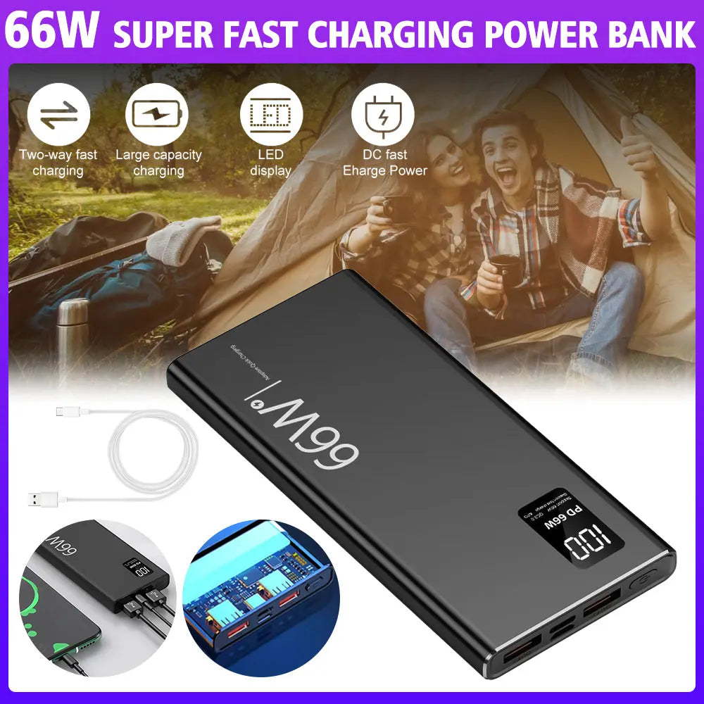 66W Super Fast Charging Power Bank 20000mAh Portable Li-Polymer Battery Dual USB PD 20W Fast Charger for Mobile Phone Black