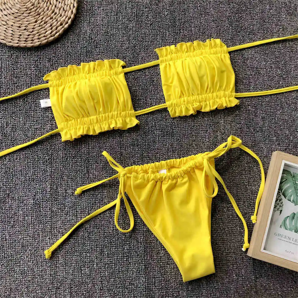 Sexy Leopard Bandeau Brazilian Bikini Swimsuit Female Swimwear Women Two-pieces Bikini set Pleated Bather Bathing Suit V1242L