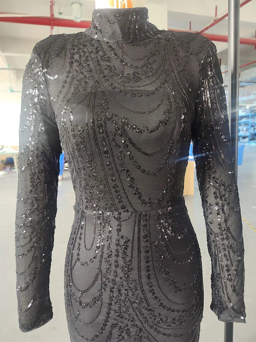 Missord Black Sequin Wedding Dress Elegant Women Turtleneck Long Sleeve Side Split Bodycon Party Prom Dresses Long Evening Gown