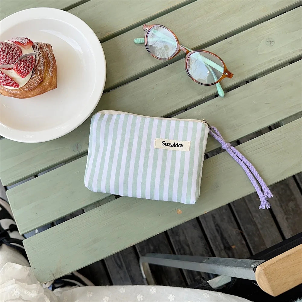 Small Cosmetic Make Up Bag Mini Canvas Striped Organizer Bags for Women Lipstick Makeup Case Children Cute Purse Coin Pouch Case