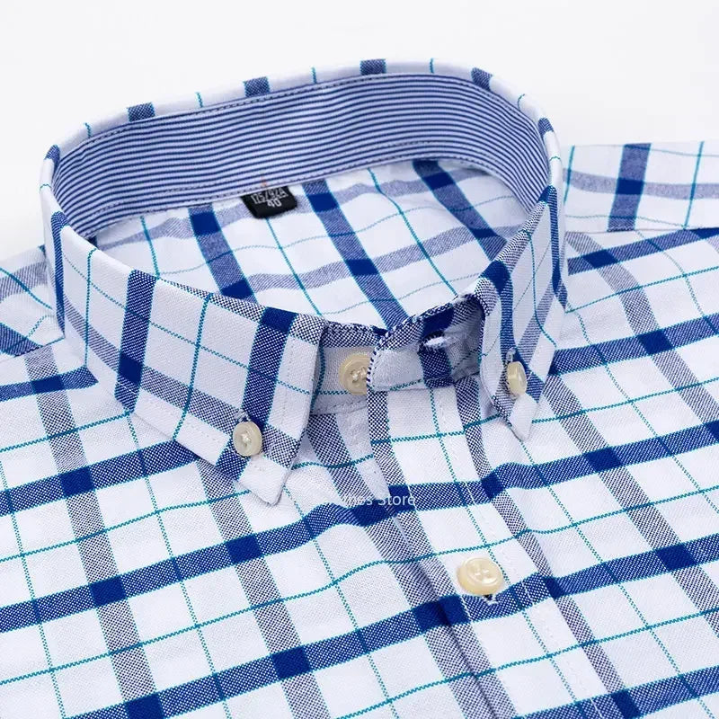 2026 100% Pure Cotton Men's Oxford Short Sleeve Square Collar Soild Plaid Striped Summer Casual Shirts Single Pocket  Shirt