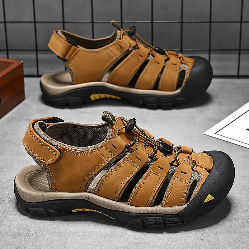 New Summer Genuine Leather Men Sandals Fashion Design Breathable Casual Shoes Men Soft Bottom Large Size Outdoor Beach Sandals
