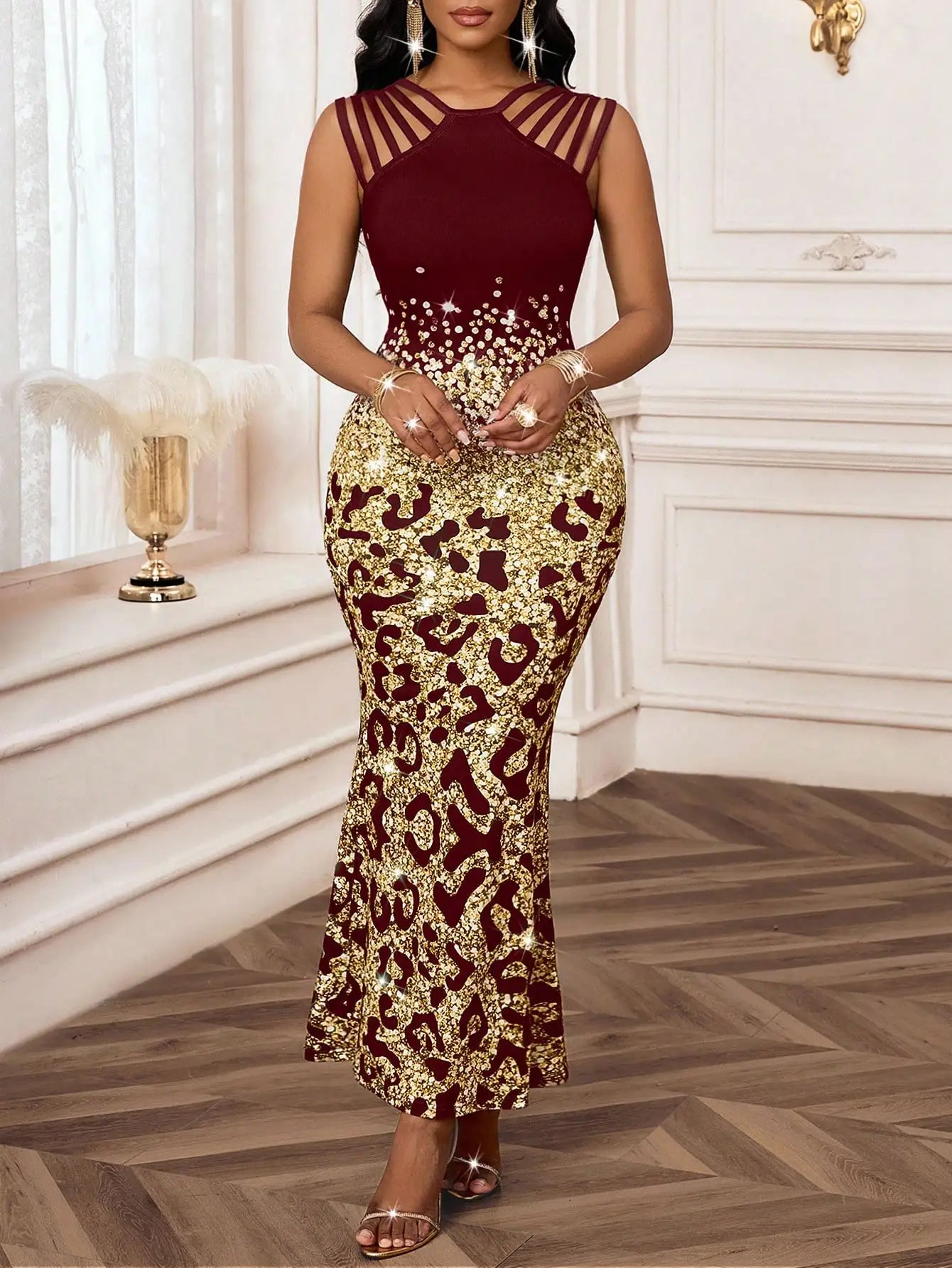 Elegant Leopard Print Fishtail Hem Burgundy Evening Dress With Hollow Out Detail