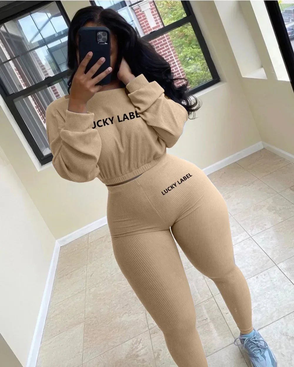 Fashion Summer Solid Lucky Label Letter Embroidery Two Piece Sets Women Sweatshirt+Leggings Casual Sporty Tracksuits Female