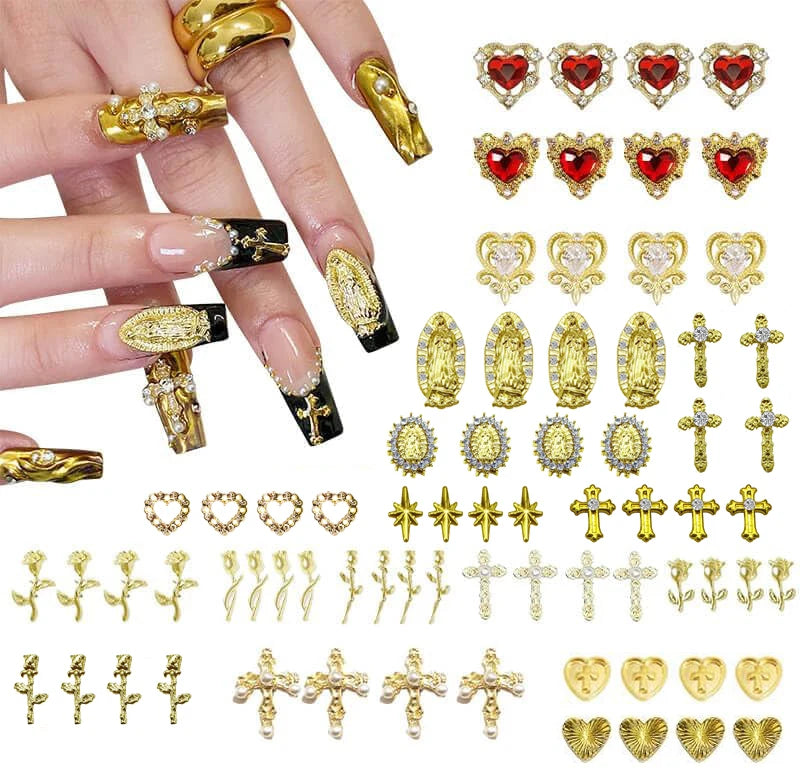 72pcs Gold Nail Charms Set with Gold Cross, Hearts, Rose, and Virgin Mary - Y2K 3D Chrome Nail Decorations