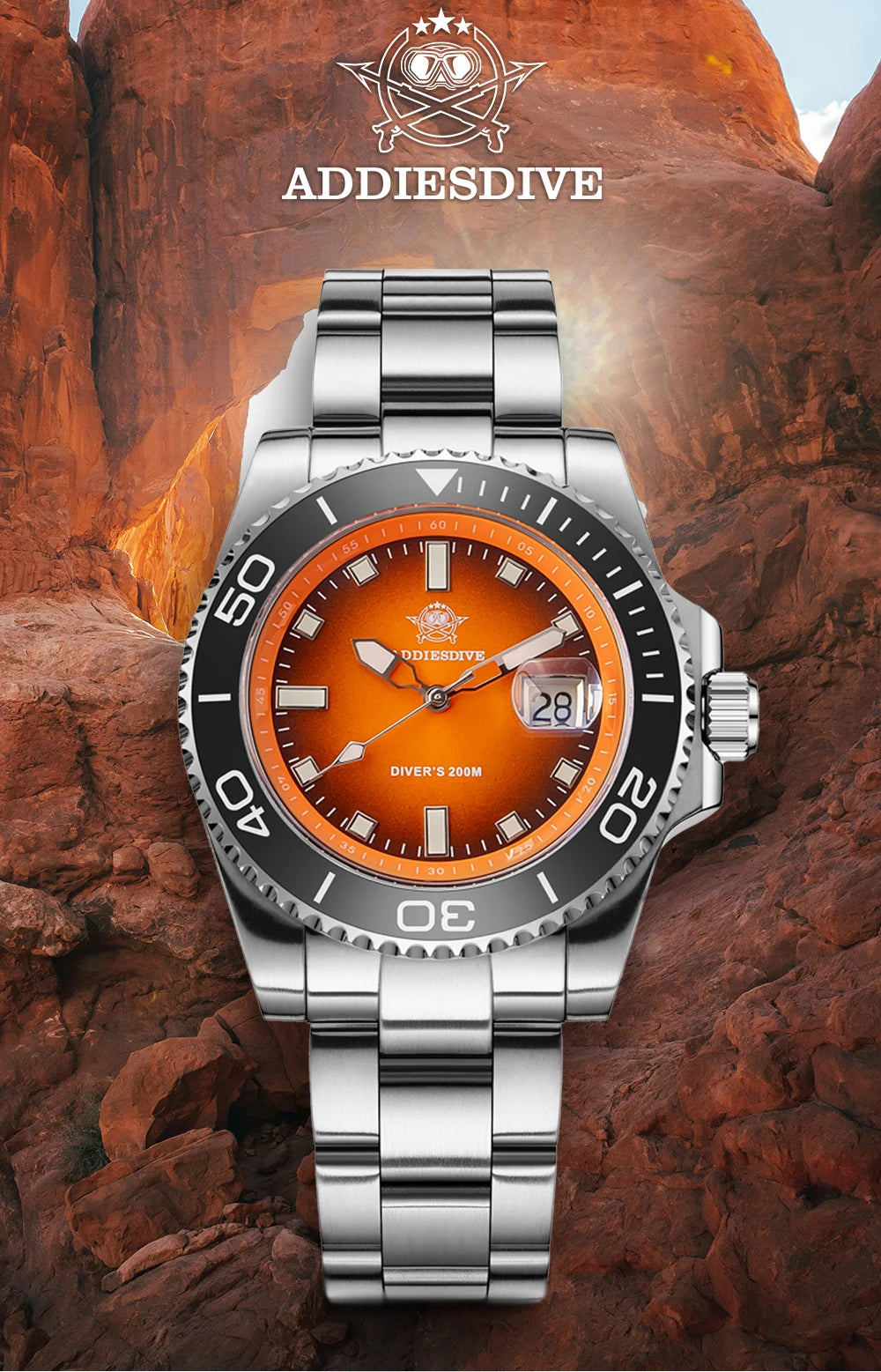 ADDIESDIVE NEW Diver Watch For Men Top Brand Waterproof Luminous Quartz Wristwatch Green/Red/Orange Dial Stainless Steel Watches
