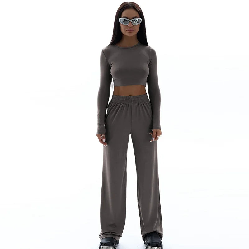 Spring New Women's T-shirt Loose Pants 2 Piece Long Sleeves O-Neck Tees Casual Slim Fashion Trouser Solid Basic Female Clothing