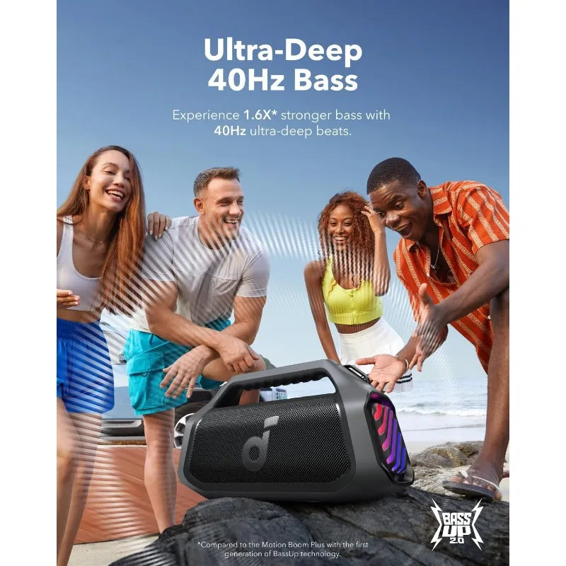 Boom 2 Plus Outdoor Speaker, 140W, 2+2 Channel, BassUp 2.0, 20H, Fast Charge, IPX7 Waterproof, RGB Lights, USB-C, Power Bank