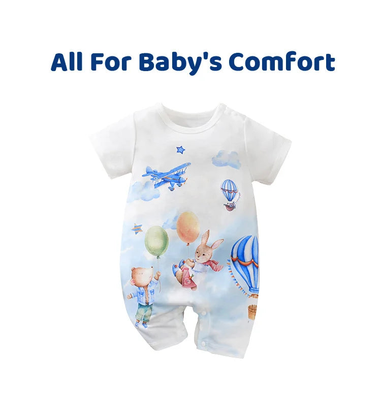 Baby Summer Animal Print Bodysuit – Short Sleeve Cute Cartoon Onesie for Boys & Girls